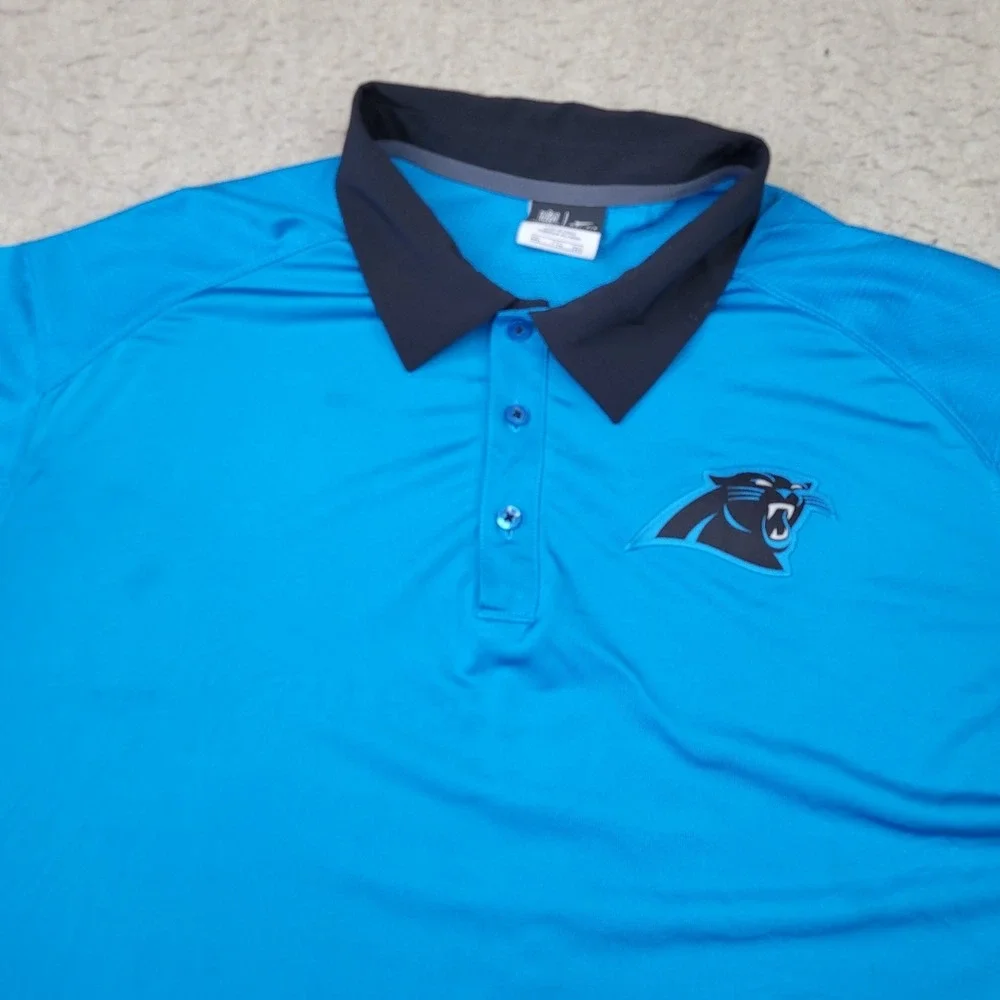 Nike Dri Fit Carolina Panthers Polo Shirt Mens 2XL Blue Short Sleeve Black Trim‎